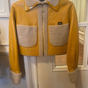 Fendi Mustard Yellow Leather Bomber Jacket with shearling lamb fur detailing